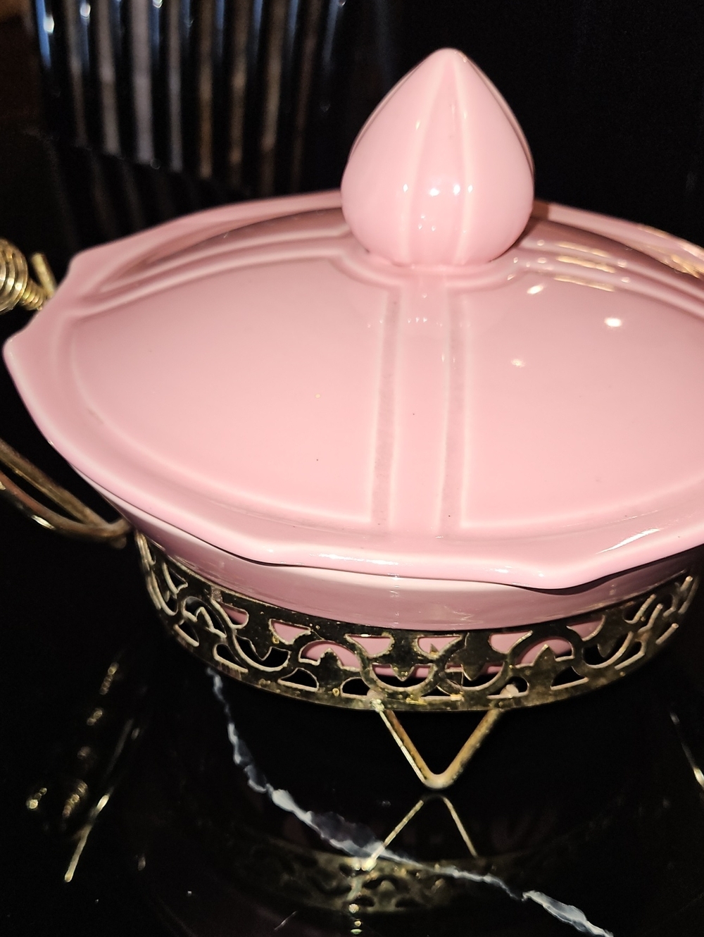 Pink Ceramic Lidded Serving Dish with Gold Filigree Stand